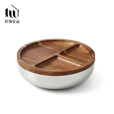 【好物良品】304不鏽鋼鏡面沙拉碗盆帶蓋分格水果盤, 1個, 不銹鋼色＋木紋