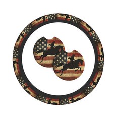 레트로 웨스턴 카우보이 및 미국 국기 3피스 스티어링 휠 커버 장식 세트 컵받침 2개 범용 미끄럼 방지 편안한 자동차 내부 세트 - 36.9-38.1cm14.5-15인치 커, 1