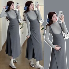 봄 가을 임산부 세트 캐주얼 니트 임부복 루즈핏 니트 긴팔티 + 멜빵 롱 원피스 투피스 세트 기질 임부옷 WXY