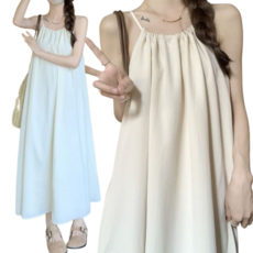 BLK 하늘하늘 여성 휴양지 롱 원피스 민소매 홀터넥 a라인