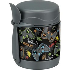 10온스 수프 보온병 (아이용) 점심 숟가락 포함 보온 식품 용기 누출 방지 스테인리스 스틸 와이드 마우스 (학교용 검정색 게임기), Black-Game Console