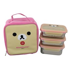 Rilakkuma 拉拉熊 兒童用提袋三層不鏽鋼臉型便當盒, 粉紅色, 1套