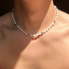 KROF 復古十字架珍珠項鍊 羅馬宮廷風藍釉鎖骨鏈 輕奢簡約百搭男士項鍊