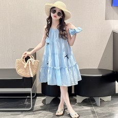 女童夏款無袖連衣裙 天藍色 海邊度假風