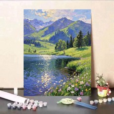 阿勒泰夏季風景 數位油畫DIY手作填色, F446阿勒泰 30 40單畫布 顏料畫筆, 1個