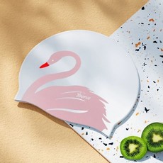 佑遊泳帽 女士長髮加大款硅膠護耳防水成人大頭圍遊泳帽, 1個, 粉色天鵝 硅膠印花款