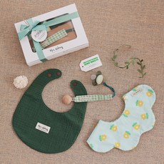 [출산백일선물] 우이동금손 베리베리 데이 턱받이&쪽쪽이 클립3종 기프트세트 [포장+쇼핑백세트], 1개, 그린세트, 3개입