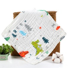 六層紗布口水巾方巾小方巾：柔軟吸水、多用途寶寶手帕、兒童洗臉巾, 1個, A-06-恐龍【30*30】, 白色