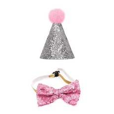 강아지 고양이 생일 파티 스팽글 고깔 모자 & 리본, 실버, 1개