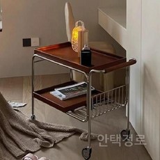 트롤리 카드 이동식 선반 우드 커피 테이블 소파 사이드 모서리 틈새 거실 식당 카트 카페 저소음, 원목 트롤리-빈티지