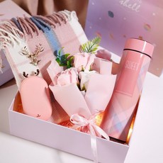 圍巾杯子禮盒 生日禮物 聖誕節禮盒 情侶禮物 閨蜜禮物 學生禮物 保溫杯 圍巾 實用禮物, 藍粉+花+燈+禮盒+胸針+杯+暖手寶, 1個