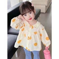 女童圓點娃娃衫，春秋新款長袖上衣