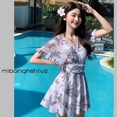 mibanghshiy2 女性連體裙式泳衣 V領顯瘦遮肚保守溫泉泳裝
