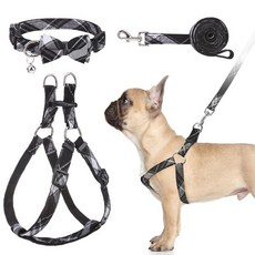 BINGPET 강아지 하네스 목줄 세트 조절 가능한 당김 없는 하네스 소형 및 중형견을 위한 세련된 데님 쉬운 걷기 훈련 달리기(카키 M), 그레이 격자무늬