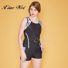 小薇的店 蘋果牌【黑色搭網布黑線條】時尚二件式泳裝 (M/XL) - 顯瘦網紗設計, XL