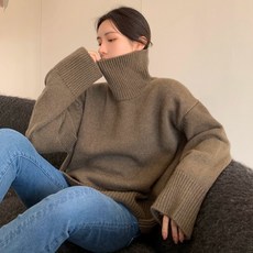 부드러운 여성 가을 겨울 울 하이넥 루즈핏 무지 니트 두툼한 따뜻한 스웨터, 다크커피