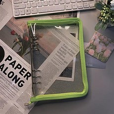 A6/A5活頁收納冊：透明閃粉PVC軟殼，拉鍊袋手賬替芯，6孔活頁夾, 拉鏈款a5熒光綠無內頁, 1個