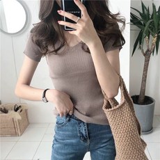 IFaith 實拍 V領薄針織短版T恤 短袖針織 打底針織衫 T0066