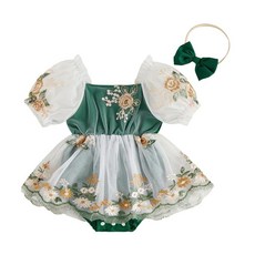 Douhoow 여아용 투피스 의상 민소매 라운드넥 꿀벌 테마 스트라이프 튤 롬퍼 드레스 리본 머리띠 세트 그린 a 3~6개월107527