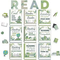 Qyeahkj 유칼립투스 독서 게시판 포스터 교실용 보헤미안 그린 컷아웃 동기 부여 게시판 초등학교 교육용 프린트 포스터 교사 유치원 도서관용 192359