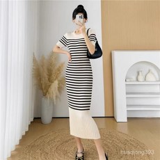 Yellwell스트라이프 니트 롱 원피스 여성용 슬림핏 반팔 여름 드레스LST