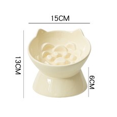 陶瓷慢食貓咪狗食盆 斜口高腳防噎食碗, 1個, 奶油黃