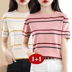 Asure 1+1 간절기 여성 니트 스트라이프 반팔 티셔츠