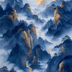 풍경화 블루 마운틴 나무 숲 소나무 사원 금빛 태양 포스터 캔버스 그림 인쇄, 7. 13