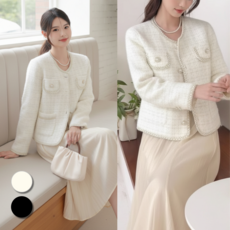 핏몬 여성 노카라 트위드 니트 자켓 가디건