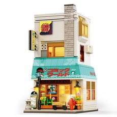 일본풍 만화방 만화 카페 조립 블록 세트 1157피스 대형 레고 호환 LED 조명 포함 미니어처 스트리트 거리뷰 성인 취미 키덜트 선물 추천 데스크테리어 서점 상점 모형 MOC, 1개