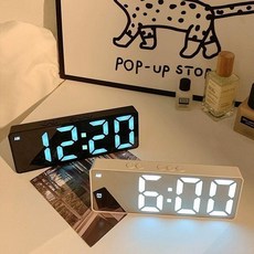 夜光鏡面時鐘 LED數字顯示電子鬧鐘, 陞級款鏡麵INS風鬧鍾黑色 電池/插電兩, 高顔值