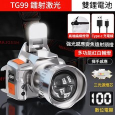 TG99 雙鋰電池 強光變焦遠射頭燈 揮手感應 Type-c充電, 升級TG99相機頭燈三光源燈芯大容量銀色, 1個