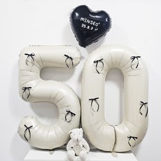 올리브파티 50일 셀프 촬영 하트 숫자 레터링 풍선 세트, 7 리본 베이지블랙, 1세트