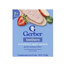 거버 아기용 스낵 티더 부드러운 치아 발육 웨이퍼 7개월 이상 개별 포장 2팩 12개 각 4g(0.14oz), 딸기 사과 시금치, 48g, 1개