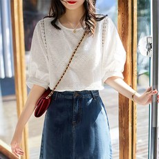 POMTOR 여름 여성 레이스 펀칭 통기성 원형넥 퍼프슬리브 블라우스
