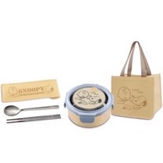 現貨正版 史努比好朋友餐食提袋件組 史努比 環保餐具組 Snoopy 304不鏽鋼 環保餐具 湯匙 筷子 餐具組, 奶油黃, 1個