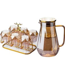 鑽石紋耐熱玻璃水壺水杯組 大容量香檳色茶壺 附創意杯架, 1個, 水杯2入 (350ml)