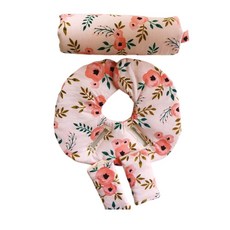 카시트 머리 지지대 세트 블러시 핑크 코럴 플로럴 받침 스트랩 커버 휴대용 쿠션 유모차 라이너