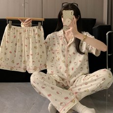 帶胸墊大碼睡衣女春夏季花邊小清新彩色小波點短袖三件套