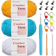 초보자를 위한 코바늘 뜨개질용 실 쉬운 뜨개질 3팩 1.8온스 아미구루미 공룡 키트 두껍고 부드러운 비디오 튜토리얼 보기 스티치 최악의 중간 크기 # 4, Blue/White/Yellow