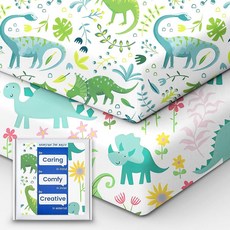 TotBasic 팩 앤 플레이 시트 장착 버터처럼 부드러운 휴대용 아기 침대 시트 Graco Pack n Play 플레이야드 아기 침대 및 기타 68.6 x 99.4cm(2, 정글 + 정원 공룡