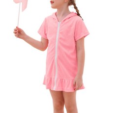 WhizBuzz 아동용 수영 커버 업 여아용 사이즈 9-10세 핑크 후드 테리 비치 타월 로브 수영복