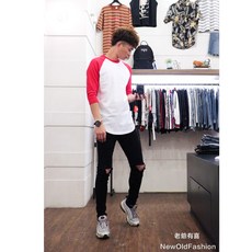 老爺有喜 重磅2.0升級版拼接七分袖棒球Ｔ-白底紅, 1個, L號, L號