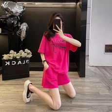 Ashysnow 캐주얼 세트 여성 여름 루즈핏 심플 용과색 편안한 반팔 상의 캐주얼 반바지 투피스