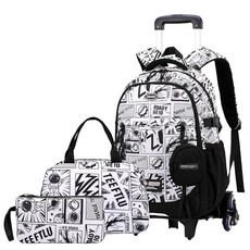 138396 ZHANAO 남아용 롤링 백팩 클래식 트롤리 책가방 아동용 다중 포켓 바퀴 달린 학생용 3피스-애니메이션-6바퀴 모던 커스텀