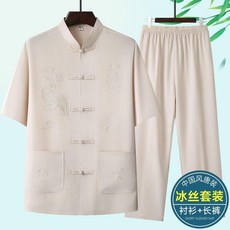 唐裝套裝 夏季薄款刺繡短袖