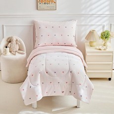 JHXHMX 4피스 유아 침구 세트 여아용 그린 플로럴 유아 이불 세트 부드러운 아기 침대 시트 세트에는 퀼트 이불 매트리스 커버 플랫 탑 시트 및 봉투 베개 커버 포함, 핑크 하트