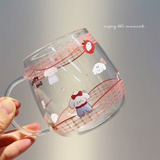 卡通高顏值玻璃冷水壺夏季家用耐熱涼水壺冷水杯套裝大容量果汁壺, 1個, 【氣泡袋彩盒】400ML紅格子小狗蘑菇杯:如图, 1L