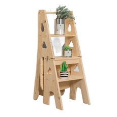 접이식 원목 사다리 의자 가정용 실내 나무 접이식 스텝스툴 다기능 나무사다리의자 간이계단식, 원목색
