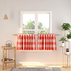 NATUS WEAVER 창문 밸런스 40.6cm(16인치) 길이 2패널 버팔로 격자무늬 깅엄 로드 포켓 짧은 작은 층 커튼 주방 카페 커튼 욕실 커튼 레드 & 화이트